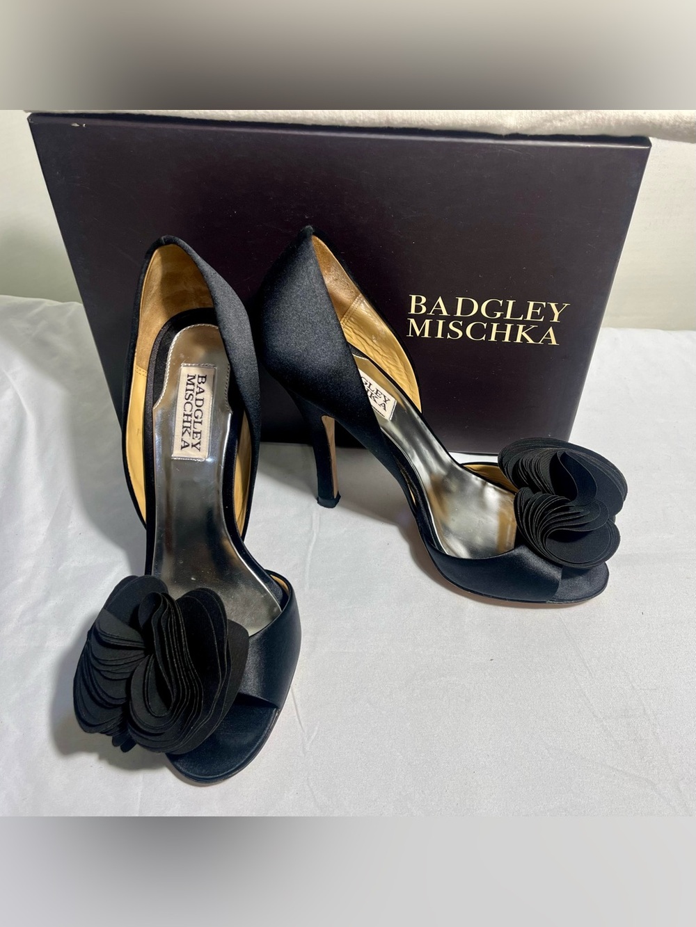 Badgley Mischka Women’s Size 6.5 Black Satin Peep-Toe Heels with Layered Rosette